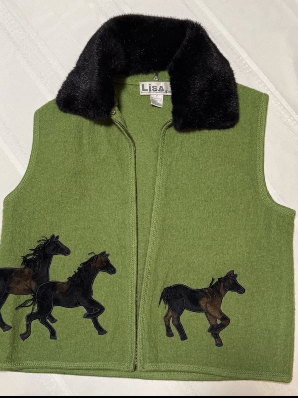 Lisa Int Vintage Green Vest with Black Fur RemovableCollar and Horse Appliqués